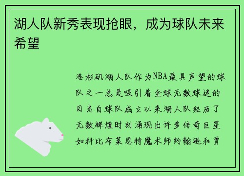 湖人队新秀表现抢眼，成为球队未来希望