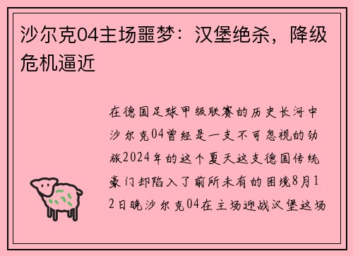 沙尔克04主场噩梦：汉堡绝杀，降级危机逼近
